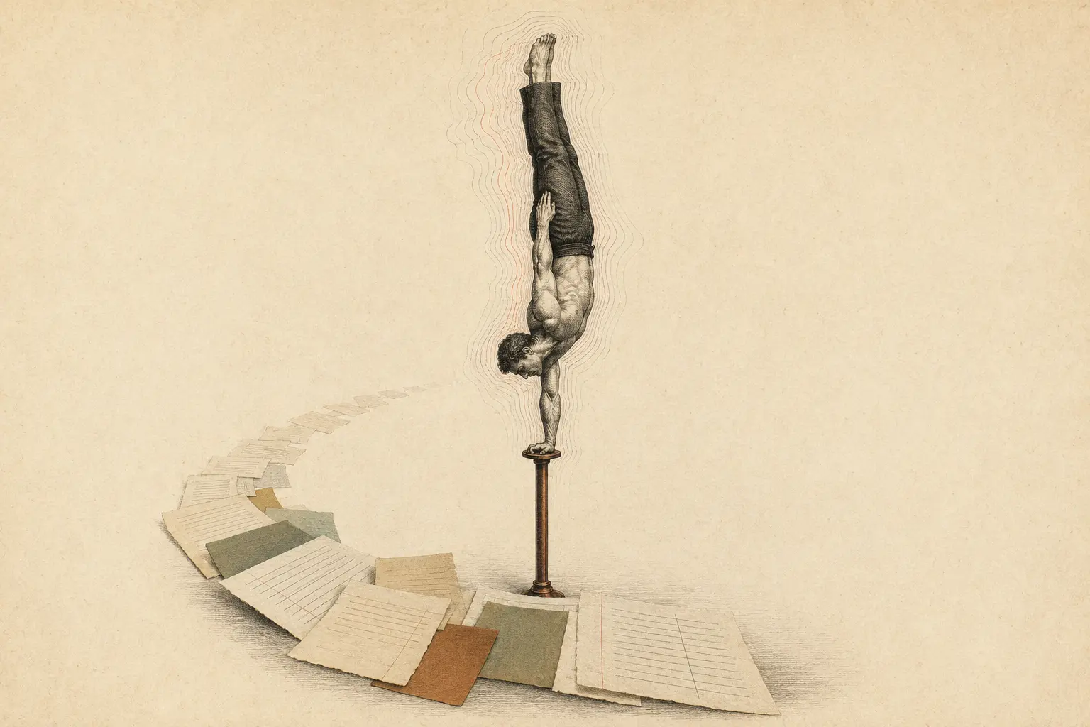 An anatomical etching of a hand-balancer surrounded by tiny correction lines and a trail of intake pages